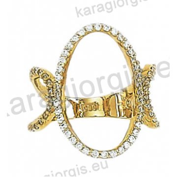 Μοντέρνο δαχτυλίδι χρυσό Κ14 σε σχήμα κύκλου με άσπρες πέτρες ζιργκόν