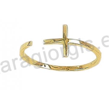 Μοντέρνο δαχτυλίδι χρυσό Κ14 τύπου chevalier σε σχήμα σταυρού