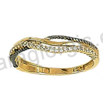 Μοντέρνο δαχτυλίδι χρυσό Κ14 με άσπρες πέτρες ζιργκόν και μαύρο πλατίνωμα