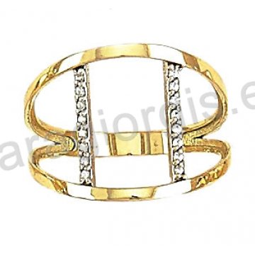Μοντέρνο δαχτυλίδι χρυσό Κ14 με άσπρες πέτρες ζιργκόν