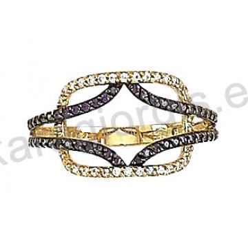 Μοντέρνο δαχτυλίδι χρυσό Κ14 με άσπρες και καφέ πέτρες ζιργκόν και μαύρο πλατίνωμα