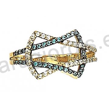 Μοντέρνο δαχτυλίδι χρυσό Κ14 με άσπρες και γαλάζιες πέτρες ζιργκόν και μαύρο πλατίνωμα