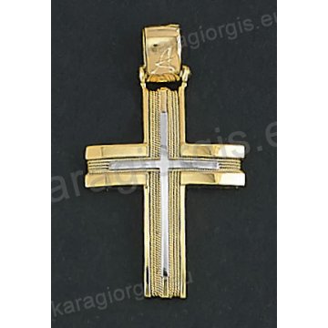 Δίχρωμος βαπτιστικός σταυρός Κ14 για αγόρι χρυσός Με δώρο την αλυσίδα με χρυσό σύρμα δουλεμένο στο χέρι και ένθετο λευκόχρυσο σταυρό
