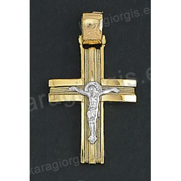 Δίχρωμος βαπτιστικός σταυρός Κ14 για αγόρι χρυσός με χρυσό σύρμα δουλεμένο στο χέρι και ένθετο λευκόχρυσο εσταυρωμένο Με δώρο την αλυσίδα