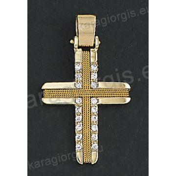 Χρυσός βαπτιστικός σταυρός Κ14 για κορίτσι με χρυσό σύρμα δουλεμένο στο χέρι και άσπρες πέτρες ζιργκόν