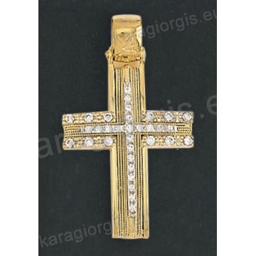 Δίχρωμος βαπτιστικός σταυρός Κ14 για κορίτσι Με δώρο την αλυσίδα με χρυσό σύρμα δουλεμένο στο χέρι και άσπρες πέτρες ζιργκόν