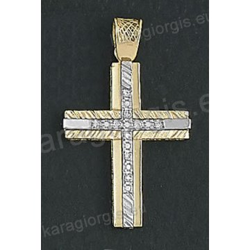 Δίχρωμος βαπτιστικός σταυρός Κ14 για κορίτσι με άσπρες πέτρες ζιργκόν με σφυρίλατο φινίρισμα