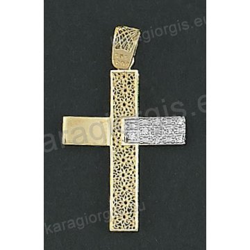 Δίχρωμος βαπτιστικός σταυρός Κ14 για κορίτσι με άσπρες πέτρες ζιργκόν με λουστρέ και χιαστί φινίρισμα