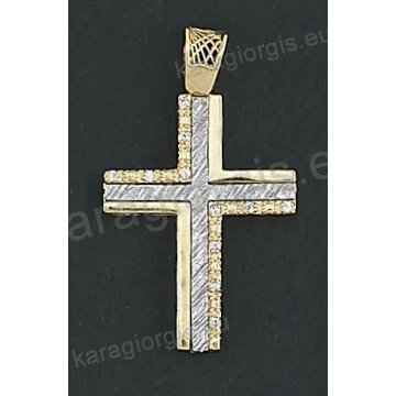 Δίχρωμος βαπτιστικός σταυρός Κ14 για κορίτσι με άσπρες πέτρες ζιργκόν με λουστρέ και σφυρίλατο φινίρισμα