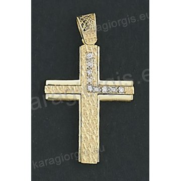 Χρυσός βαπτιστικός σταυρός Κ14 για κορίτσι με άσπρες πέτρες ζιργκόν με λουστρέ και σφυρίλατο φινίρισμα