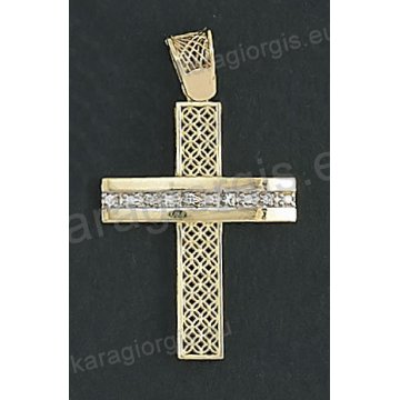 Χρυσός βαπτιστικός σταυρός Κ14 για κορίτσι με άσπρες πέτρες ζιργκόν με λουστρέ και χιαστί φινίρισμα