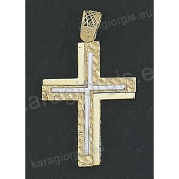 Δίχρωμος βαπτιστικός σταυρός Κ14 για αγόρι χρυσός με λευκόχρυσο με λουστρέ και σφυρίλατο φινίρισμα