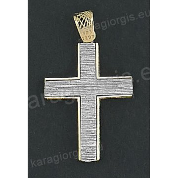 Δίχρωμος βαπτιστικός σταυρός Κ14 για αγόρι χρυσός με λευκόχρυσο με γραμμωτό σκαλιστό φινίρισμα