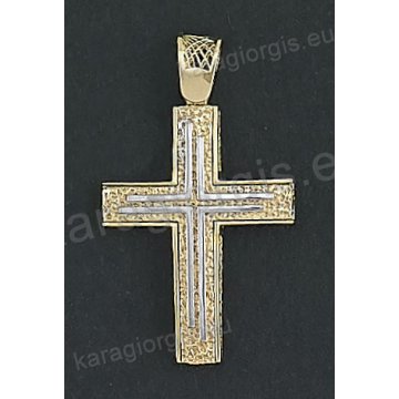 Δίχρωμος βαπτιστικός σταυρός Κ14 για αγόρι χρυσός με λευκόχρυσο με λουστρέ και σφυρίλατο φινίρισμα