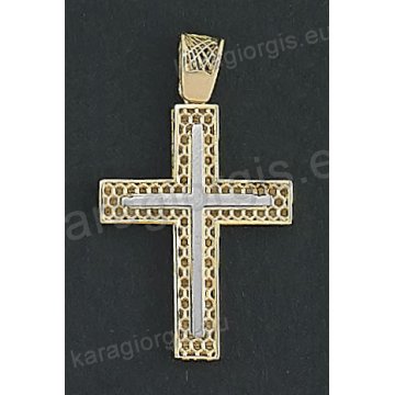 Δίχρωμος βαπτιστικός σταυρός Κ14 για αγόρι χρυσός με λευκόχρυσο με χιαστί φινίρισμα