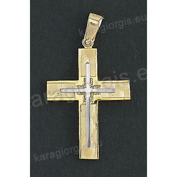Δίχρωμος βαπτιστικός σταυρός Κ14 για αγόρι χρυσός με λευκόχρυσο με λουστρέ και ματ φινίρισμα