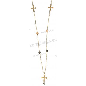 Κολιέ χρυσό Κ14 με σταυρούς τύπου Gavello με σπινέλιους και πέρλες