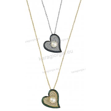 Κολιέ χρυσό ή λευκόχρυσο Κ14 σε σχήμα καρδιάς με πέρλα και χρωματιστές πέτρες ζιρκόν.