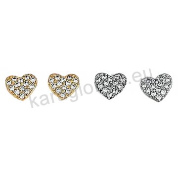 Σκουλαρίκια Κ14 χρυσό ή λευκόχρυσο σε καρδιά με άσπρες πέτρες ζιργκόν.