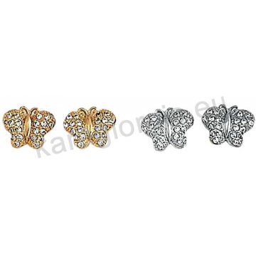 Σκουλαρίκια Κ14 χρυσό ή λευκόχρυσο σε πεταλούδα με άσπρες πέτρες ζιργκόν.