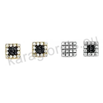 Σκουλαρίκια Κ14 χρυσό ή λευκόχρυσο σε τετράγωνο με χρωματιστές πέτρες ζιργκόν.