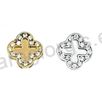 Σκουλαρίκια Κ14 χρυσό ή λευκόχρυσο σε σταυρό με άσπρες πέτρες ζιργκόν.