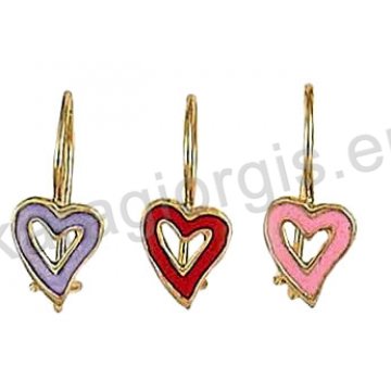 Παιδικό σκουλαρίκι Κ14 κρεμαστό χρυσό σε καρδιά με σμάλτο σε διάφορα χρώματα.