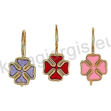 Παιδικό σκουλαρίκι Κ14 κρεμαστό χρυσό σε σταυρό με σμάλτο σε διάφορα χρώματα.