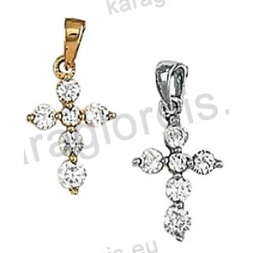 Γυναικείος σταυρός χρυσός ή λευκόχρυσος Κ14 με άσπρες πέτρες ζιργκόν.