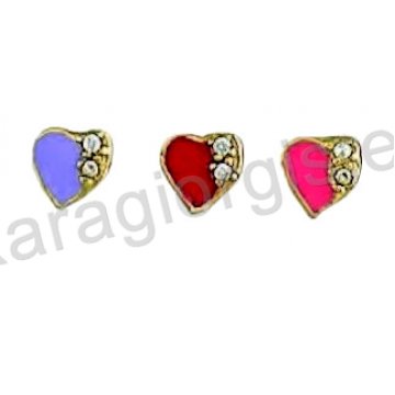 Παιδικό σκουλαρίκι Κ14 χρυσό σε καρδιά με σμάλτο σε διάφορα χρώματα και πέτρες ζιργκόν.