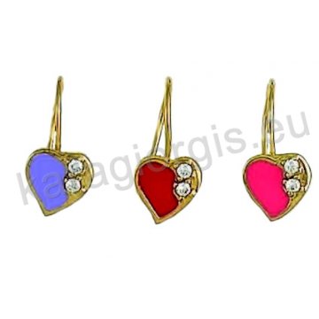 Παιδικό σκουλαρίκι κρεμαστό Κ14 χρυσό σε καρδιά με σμάλτο σε διάφορα χρώματα και πέτρες ζιργκόν.