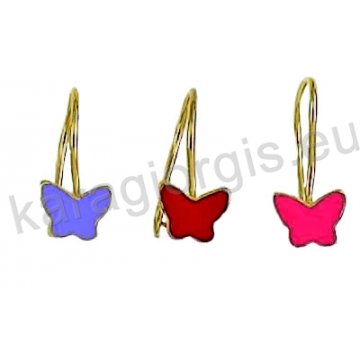 Παιδικό σκουλαρίκι κρεμαστό Κ14 χρυσό σε πεταλούδα με σμάλτο σε διάφορα χρώματα.