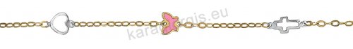 Παιδικό βραχιολάκι χεριού για κορίτσι χρυσό Κ14 με ένθετο σταυρουδάκι καρδούλα και πεταλούδα με ροζ σμάλτο. 