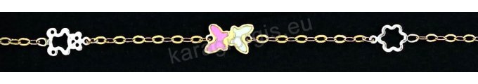 Παιδικό βραχιολάκι χεριού για κορίτσι χρυσό Κ14 με ένθετο αρκουδάκι μαργαρίτα και πεταλούδες με ροζ σμάλτο. 