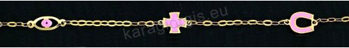Παιδικό βραχιολάκι χεριού για κορίτσι χρυσό Κ14 με ένθετα πεταλάκι ματάκι και σταυρουδάκι με ροζ σμάλτο. 