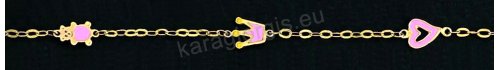 Παιδικό βραχιολάκι χεριού για κορίτσι χρυσό Κ14 με ένθετα αρκουδάκι καρδούλα και κορώνα με ροζ σμάλτο. 