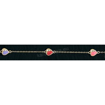 Παιδικό βραχιολάκι χεριού για κορίτσι χρυσο Κ14 με ένθετες καρδούλες με ροζ-κόκκινο σμάλτο και άσπρες πέτρες ζιργκόν. 
