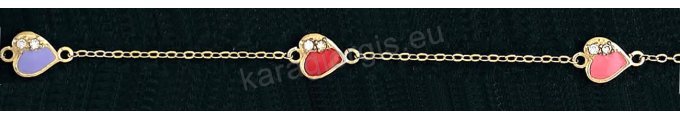 Παιδικό βραχιολάκι χεριού για κορίτσι χρυσο Κ14 με ένθετες καρδούλες με ροζ-κόκκινο σμάλτο και άσπρες πέτρες ζιργκόν. 