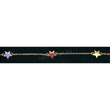 Παιδικό βραχιολάκι χεριού για κορίτσι χρυσο Κ14 με ένθετα αστεράκια με μωβ-κόκκινο σμάλτο και άσπρες πέτρες ζιργκόν.  