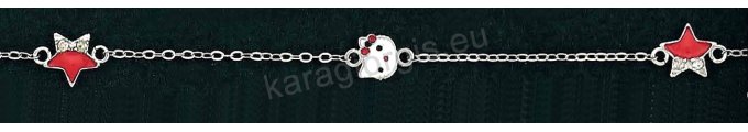 Παιδικό βραχιολάκι χεριού για κορίτσι λευκόχρυσο Κ14 με ένθετα αστεράκια hello kitty με κόκκινο σμάλτο και άσπρες πέτρες ζιρκόν.