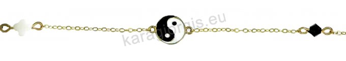 Βραχιόλι χρυσό fashion Κ14 με σταυρουδάκι yin yang και μονόπετρο με μαύρο σπινέλιο.