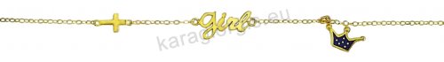 Χρυσό παιδικό βραχιολάκι Κ14 για κορίτσι με λογότυπο Girl σταυρουδάκι και κορώνα με ροζ σμάλτο.