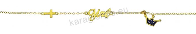 Χρυσό παιδικό βραχιολάκι Κ14 για κορίτσι με λογότυπο Girl σταυρουδάκι και κορώνα με ροζ σμάλτο.