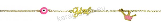 Χρυσό παιδικό βραχιολάκι Κ14 για κορίτσι με λογότυπο Girl κορώνα και ματάκι με ροζ σμάλτο.