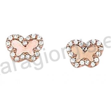 Σκουλαρίκια ροζ χρυσό Κ14 σε πεταλούδα με άσπρες πέτρες ζιργκόν.