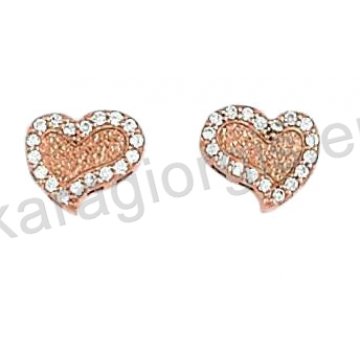 Σκουλαρίκια ροζ χρυσό Κ14 σε καρδιά με άσπρες πέτρες ζιργκόν.