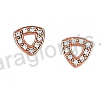 Σκουλαρίκια ροζ χρυσό Κ14 σε τρίγωνο με άσπρες πέτρες ζιργκόν.