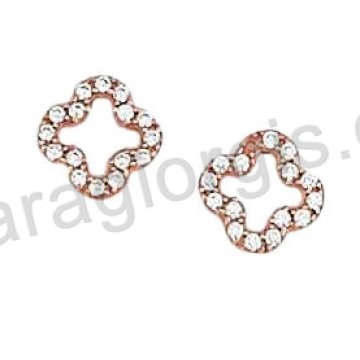 Σκουλαρίκια ροζ χρυσό Κ14 σε σταυρό με άσπρες πέτρες ζιργκόν.