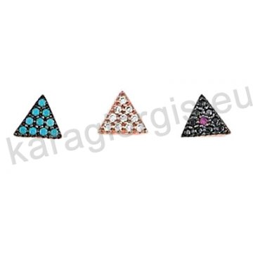 Σκουλαρίκια ροζ χρυσό Κ14 σε τρίγωνο με χρωματιστές πέτρες ζιργκόν.