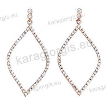 Σκουλαρίκια ροζ χρυσό Κ14 σε κρεμαστό δάκρυ με άσπρες πέτρες ζιργκόν.